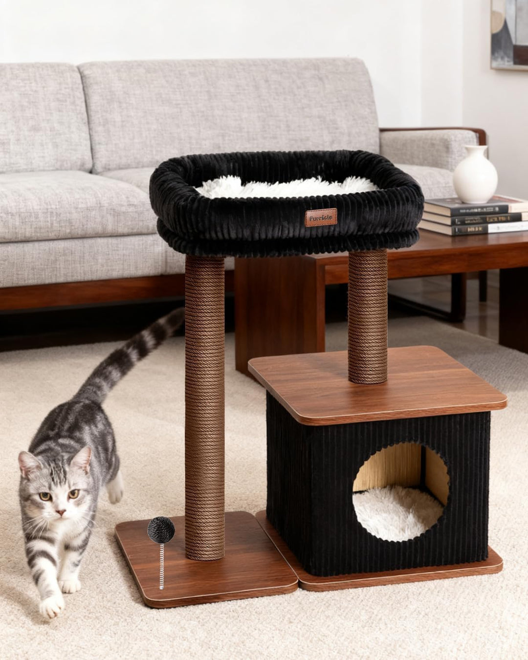 Kratzbaum für Wohnungskatzen 74 cm, moderner Katzenbaum aus Holz mit Sisal Kratzstämmen, grosse Lieg