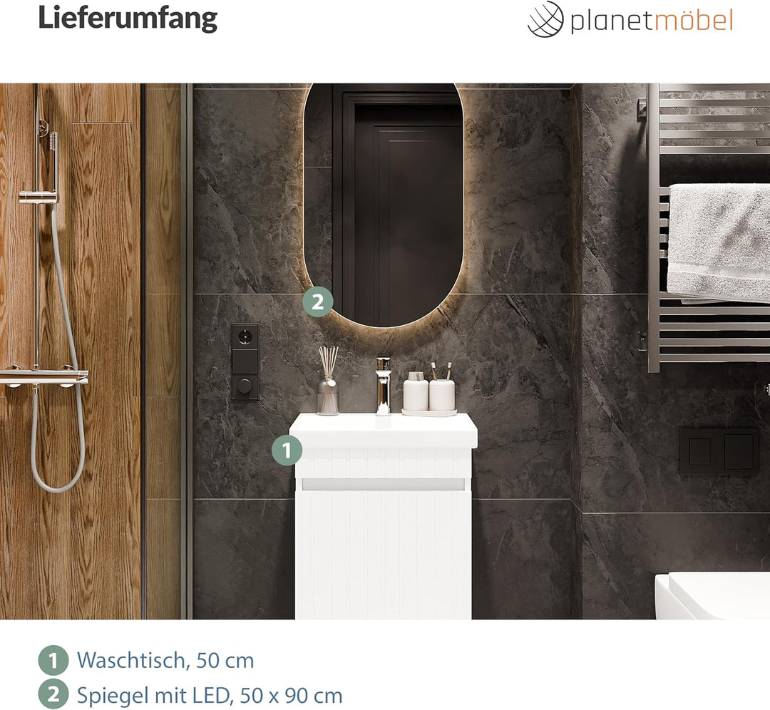 Planetmöbel Cosmia Badmöbel Set Waschbecken mit Unterschrank 50 x 60 x 35 cm Weiss, Badezimmer Spieg