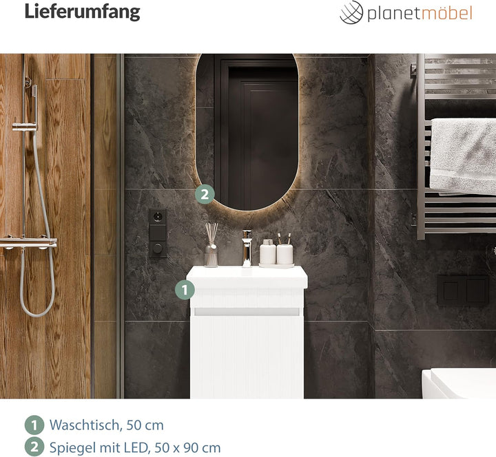 Planetmöbel Cosmia Badmöbel Set Waschbecken mit Unterschrank 50 x 60 x 35 cm Weiss, Badezimmer Spieg