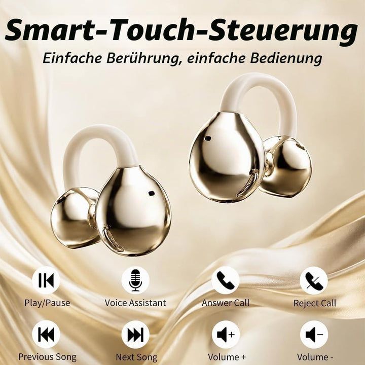 Bluetooth-Ohrhörer zum Aufclipsen mit Ladecase und kleinem Kosmetikspiegel, Bluetooth 6.0, Knochenle
