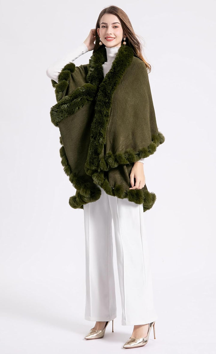 ZLYC Damen Winter Kunstpelz Poncho Strick Schal Stola Warm Cape Cardigan Einfarbig Armeegrün, Einfar