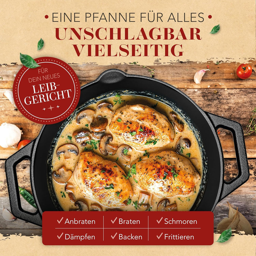 KRUSTENZAUBER Gusseisenpfanne Induktion 32cm Doppelgriff - inkl. Anleitung und Rezeptbuch - Geschlif