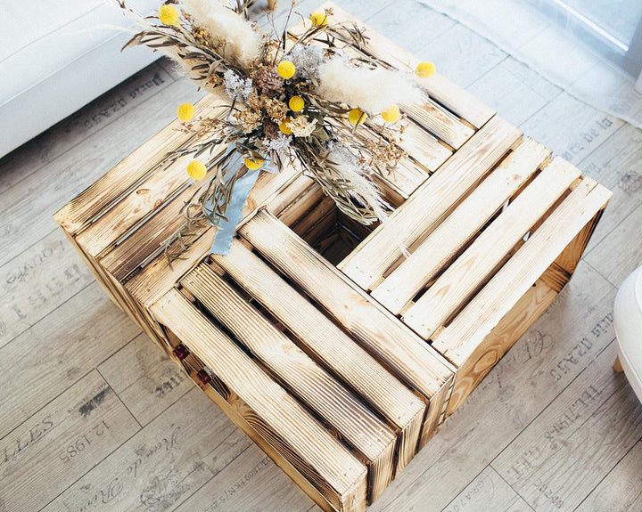 Massive Holzkisten als Schuhregal / Bücherregal LEICHT GEFLAMMT mit Zwischenbrett (verschraubt) Apfe