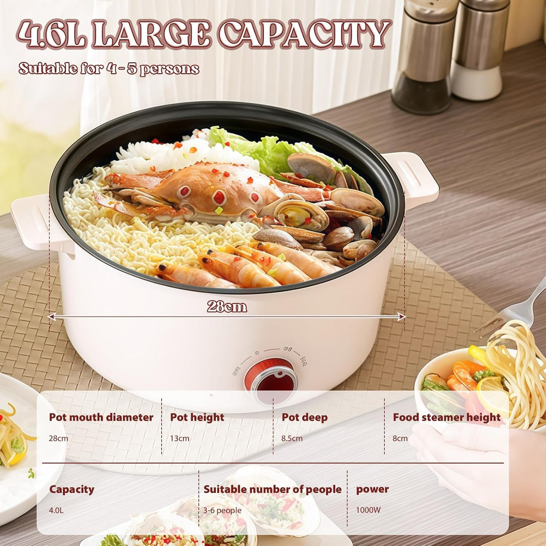 Hot Pot Elektrisch mit Dampfgarer, 4.6 L Tragbar Elektrischer Kochtopf 1000W, Multifunktionaler Hotp