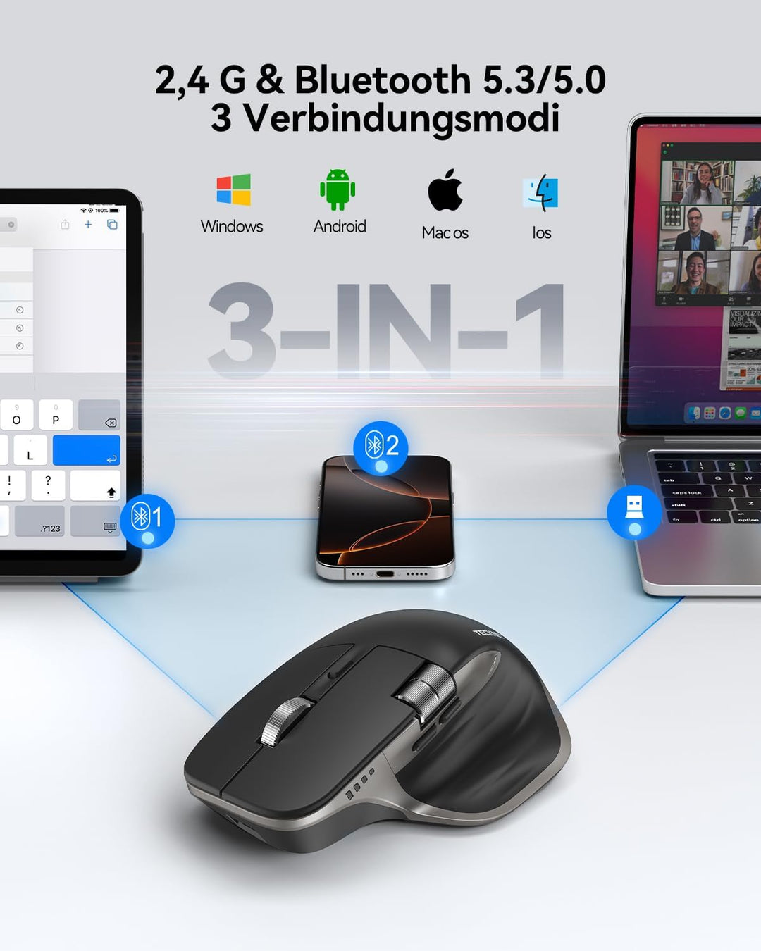 TECKNET Bluetooth kabellose Maus(BT 5.3/5.0+2,4G), Seitliches Mausrad, Superschnelles Scrollen, Wied