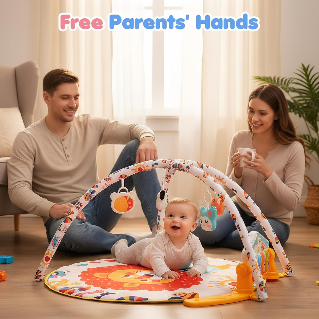 Spieldecke Baby Gym, 6 in 1 Spielbogen 0-12 Monate mit Musik Klaviermatte, 4 Hänge-Spielzeug, Licht