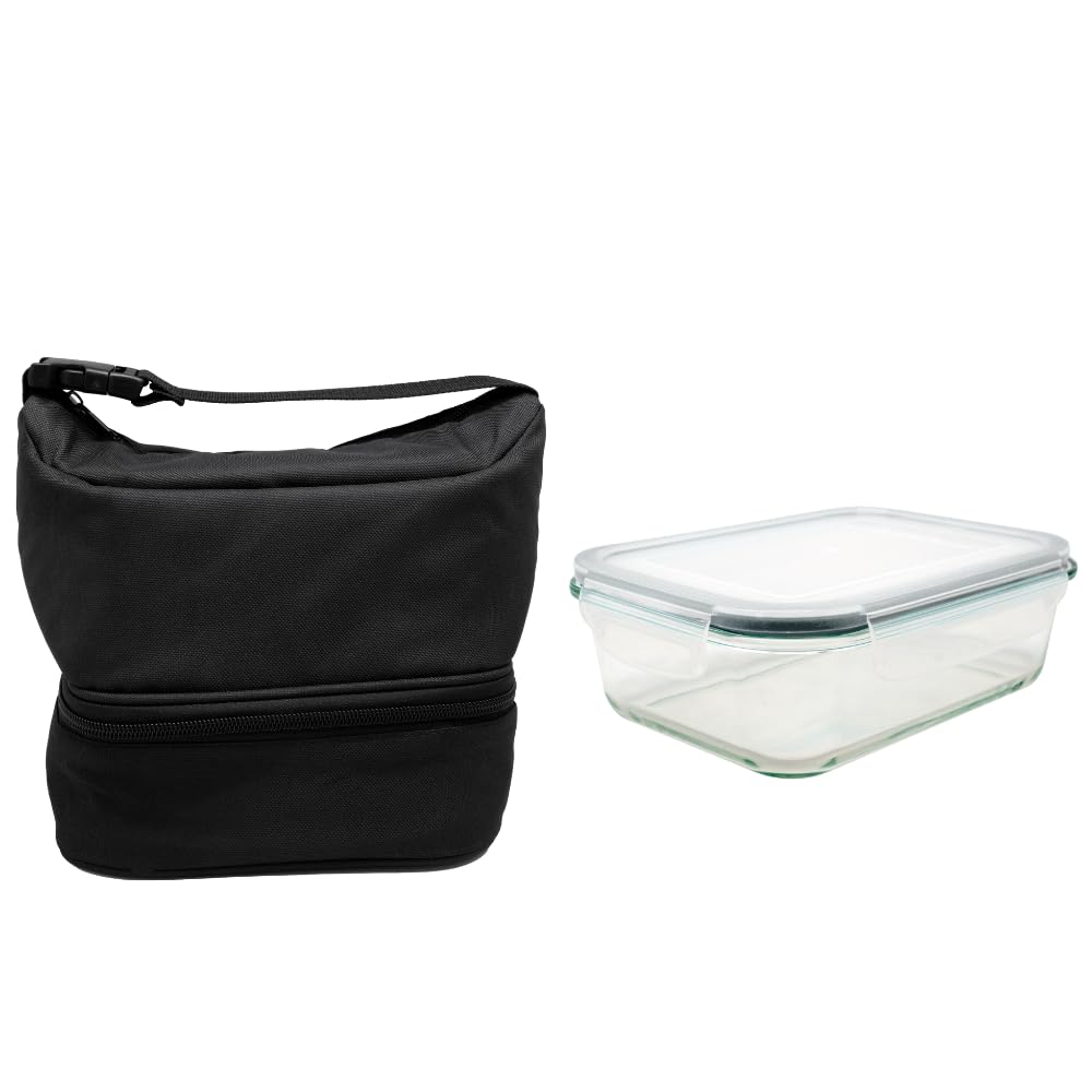 NERTHUS FIH 1502 Thermo-Brotdose schwarz mit luftdichtem Behälter aus Glas 640ml, Lunchbox mit Doppe