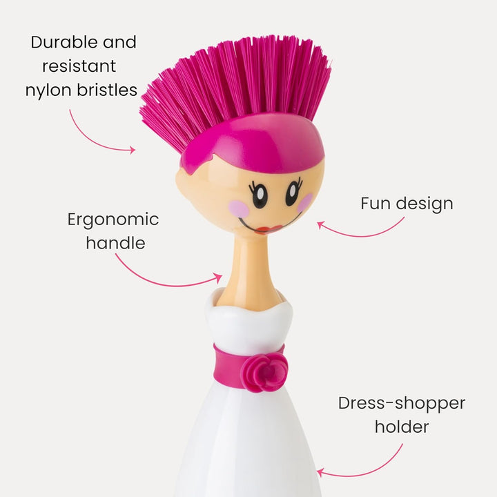 VIGAR Dolls April robuste Spülbürste mit Ständer, ABS, Nylon, Silikon Weiss Rosa April, Weiss Rosa A