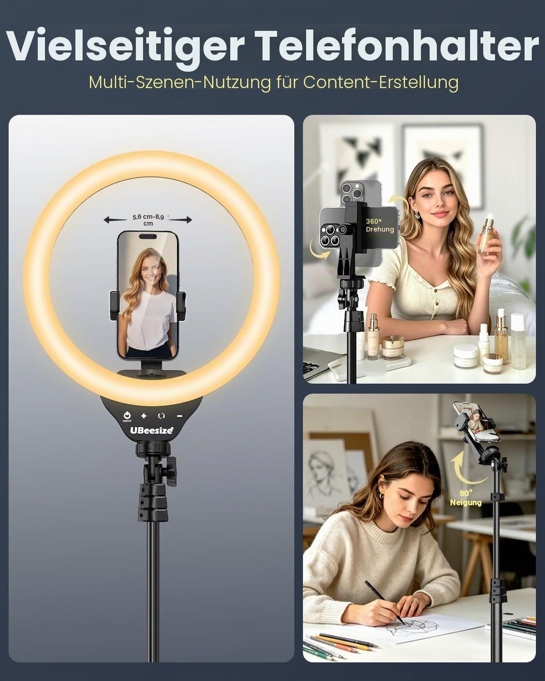 UBeesize Ringlicht mit Stativ, 12 Zoll Selfie Ringlicht mit 62 Zoll Stativ Ständer für Videoaufnahme