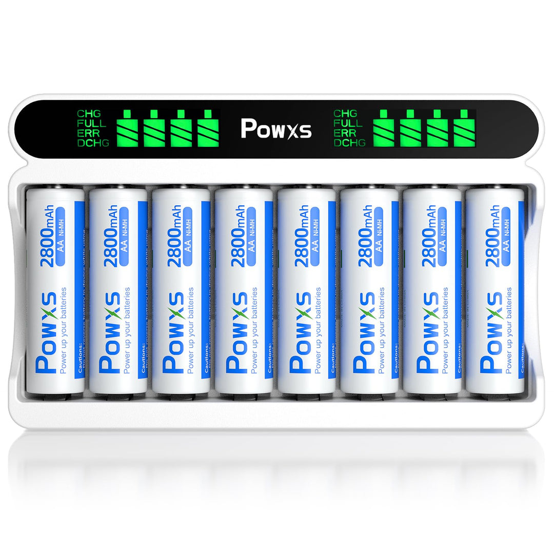 POWXS Batterie Ladegerät 8 Fach mit 8 AA Akkus, AA AAA Akkuladegeräte mit LCD Display, Hohe Kapazitä