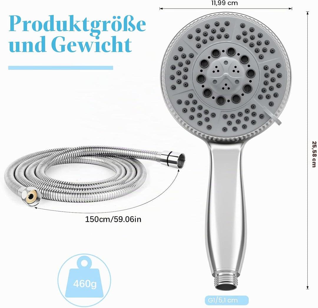 Vinabo Sparduschkopf wassersparend – Duschbrause mit Schlauch, 1,5 m Edelstahl-Duschschlauch (G1/2),