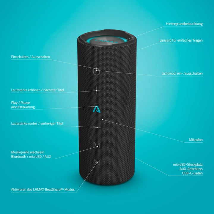 Lamax Sounder2 Play Bluetooth Lautsprecher, 24 Stunden Hörvergnügen, Hervorragende 24 W Leistung, Vi