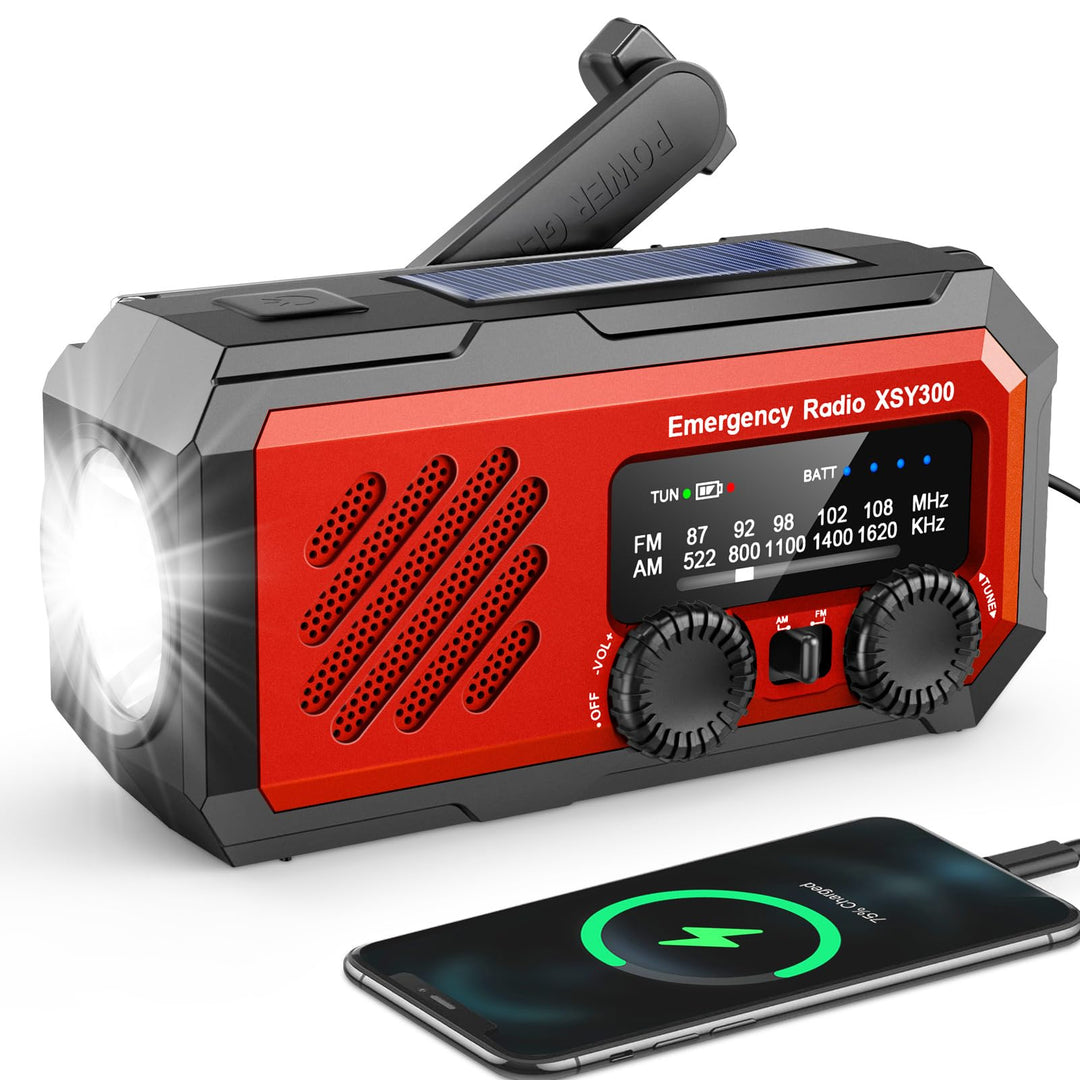 YIKANWEN Tragbares Notfall-Kurbelradio, 2000mAh wiederaufladbare Batterie, AM/FM Kurbelradio mit LED