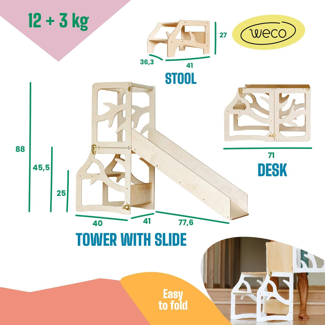 Weco Montessori Kinder Lernturm 3 in 1 Baum Design mit Rutsche und Tritthocker FSC Zertifikat Schrei