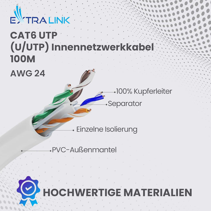 EXTRALINK 100m CAT5e Netzwerkkabel LAN Verlegekabel Innenbereich – 100% Kupfer U/UTP, PVC Mantel, bi