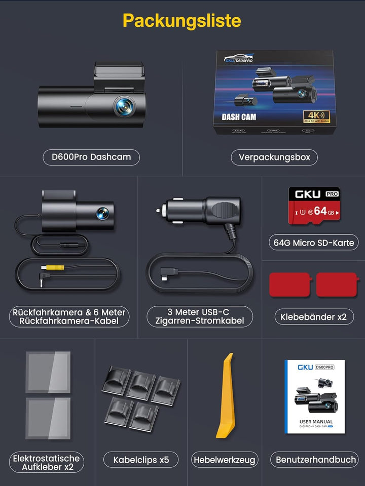 GKU 4K Dashcam Auto Vorne Hinten, 5GHz WiFi GPS, Dual Dash Cam, 1.5” IPS Mini Auto Kamera mit 64GB S