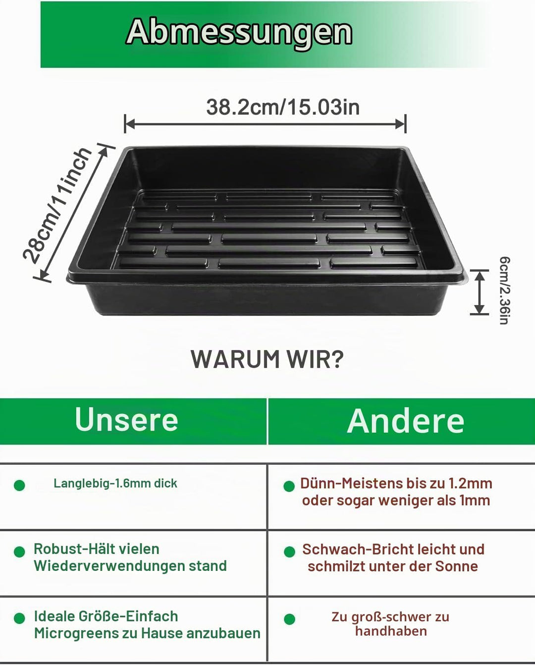 Anzuchtschale ohne Löcher – 6 Stück Pflanzschale/Anzuchttablett ohne Abflusslöcher, für Fensterbank