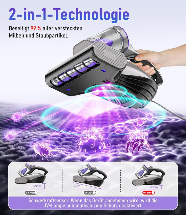 PM600 Milbensauger mit UV-Licht, 500W Matratzensauger für Allergiker zur Entfernt 99,9% der Staub-Mi