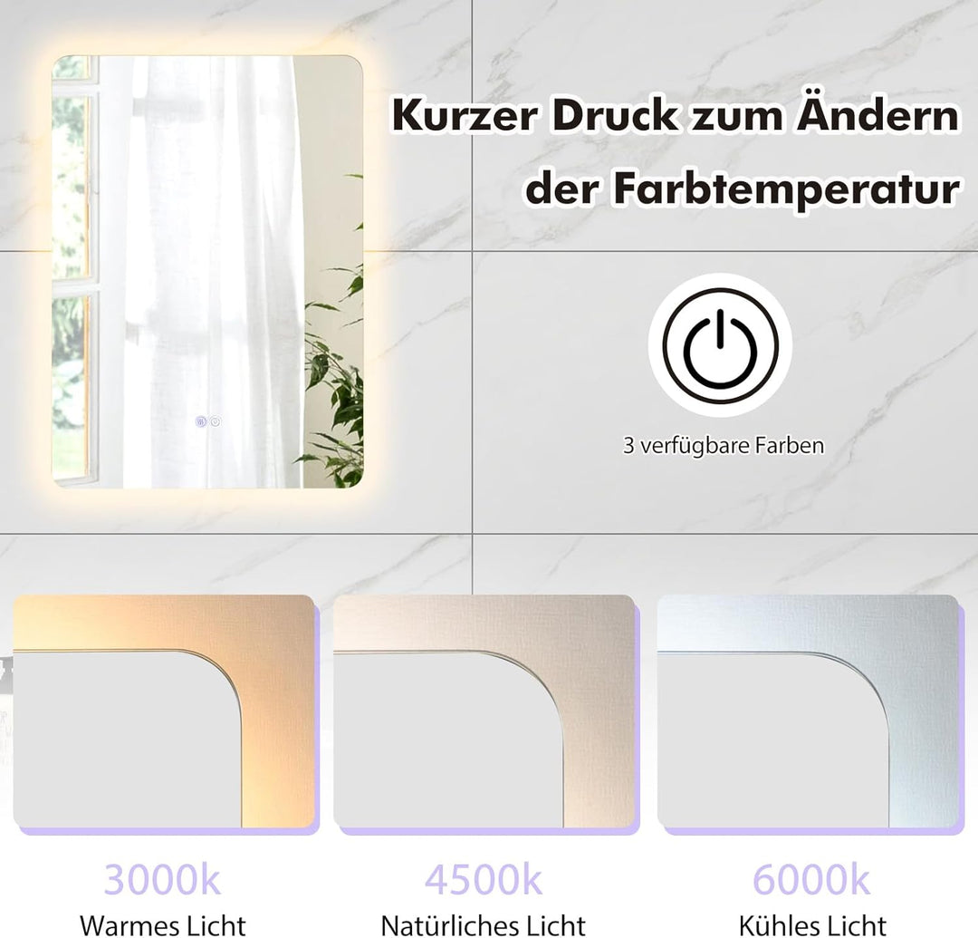 COSTWAY LED Badspiegel mit Beleuchtung, 70 x 50 cm Badezimmerspiegel dimmbar mit Touch Schalter & Me