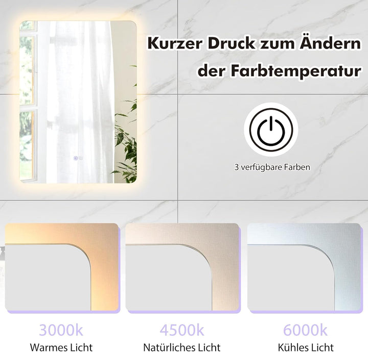 COSTWAY LED Badspiegel mit Beleuchtung, 70 x 50 cm Badezimmerspiegel dimmbar mit Touch Schalter & Me