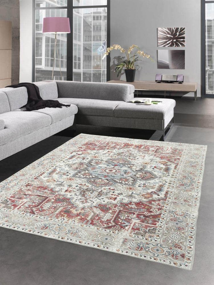 CARPETIA Klassischer Teppich mit modern orientalischen Verzierungen & Ornamenten in Creme rot orange