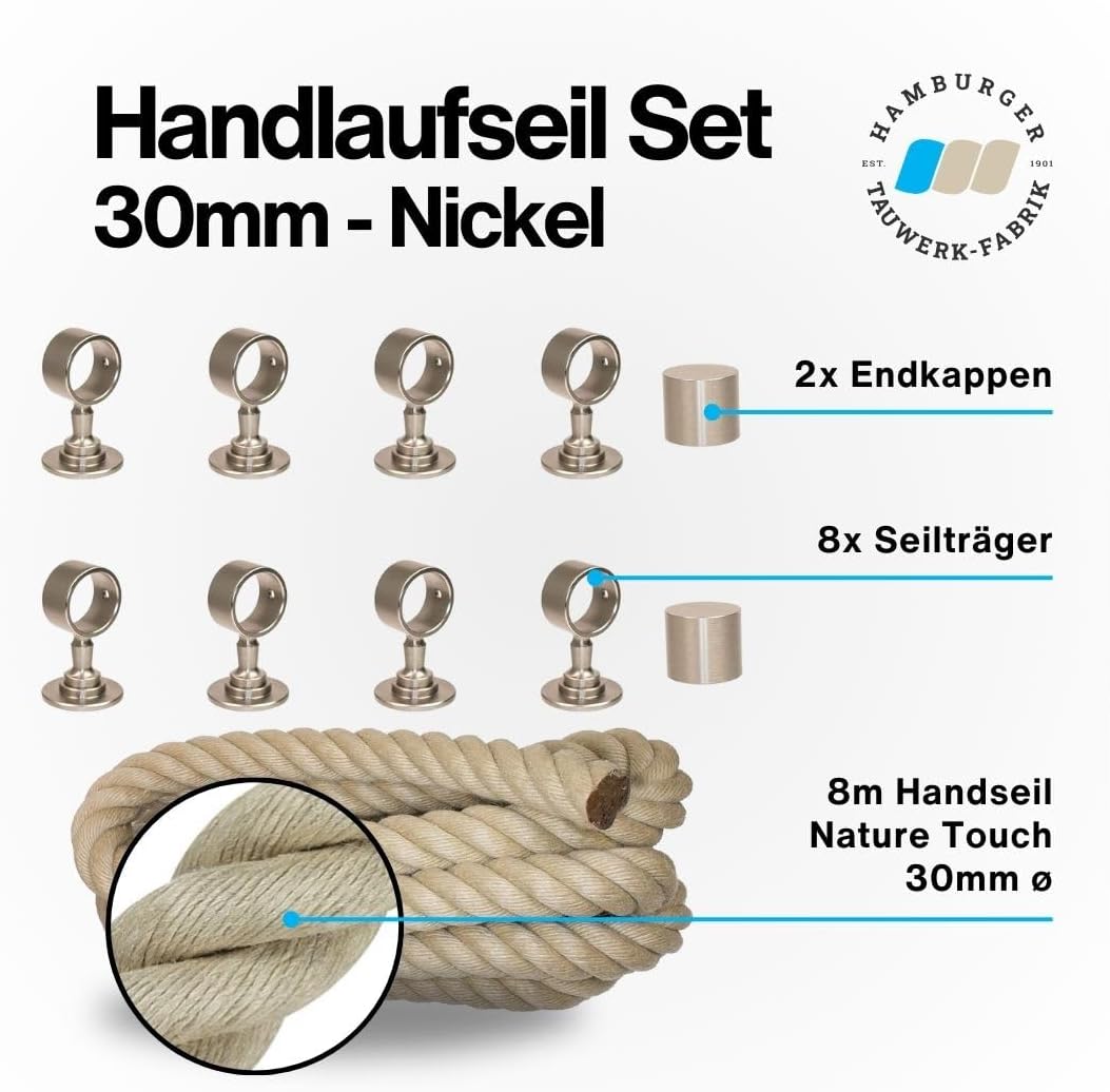 Handlaufseil Set 30mm - bestehend aus 2 Endkappen 8 Seilträger vernickelt und 8m "Nature Touch" Hand