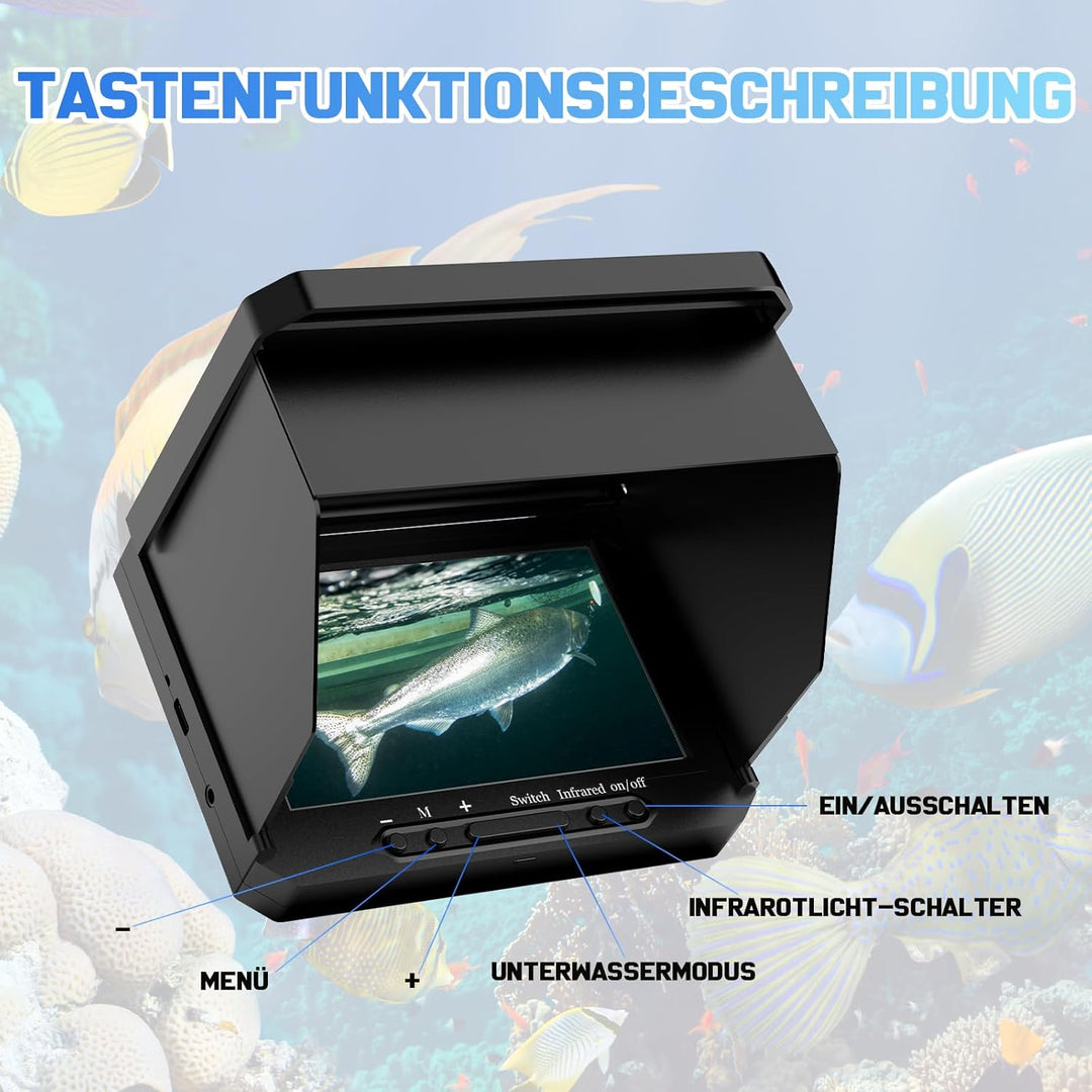 Tragbarer 5 Zoll IPS Fischfinder mit 17 IR LEDs und 20m Kabel - 1080P Angelkamera mit 220° Weitwinke