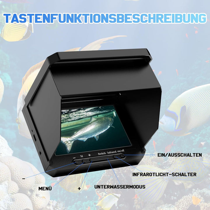 Tragbarer 5 Zoll IPS Fischfinder mit 17 IR LEDs und 20m Kabel - 1080P Angelkamera mit 220° Weitwinke