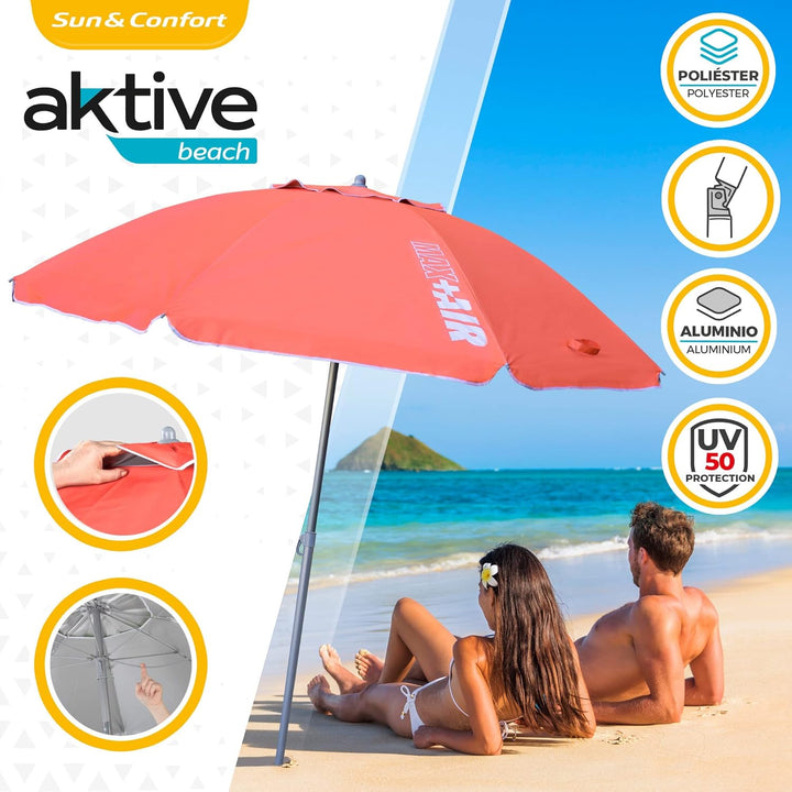 AKTIVE 62245 – Windfester Strandschirm mit UV50-Schutz Koralle | Masse Ø220 cm, höhenverstellbar | W