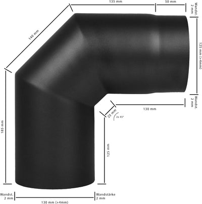 LANZZAS Ofenrohr Bogen 90° ohne Tür, im Durchmesser DN 130 mm, Farbe: schwarz - weitere Rohre aus un