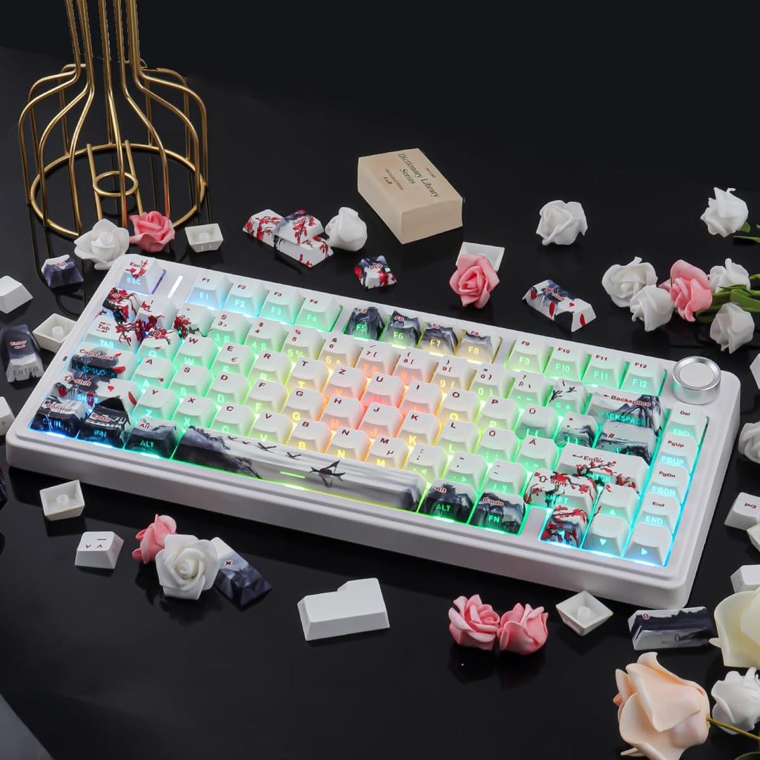 PBT German Keycaps, 133 Keys Double Shot Landscape Plum Blossom Keycaps Dye-Sub Cherry Profile Side