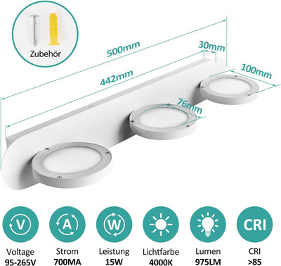 EMKE led Spiegelleuchte 50cm 3 Licht Spiegellampen 15W 975LM Spiegelleuchte bad, Warmweiss 4000K wan