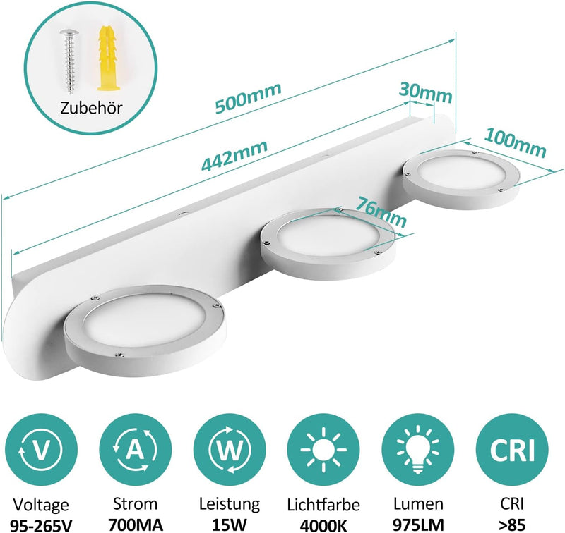 EMKE led Spiegelleuchte 50cm 3 Licht Spiegellampen 15W 975LM Spiegelleuchte bad, Warmweiss 4000K wan