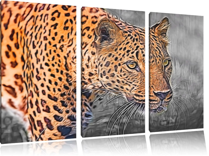 schleichender Leopard schwarz/weiss Deluxe 3-Teiler Leinwandbild 120x80 Bild auf Leinwand, XXL riesi