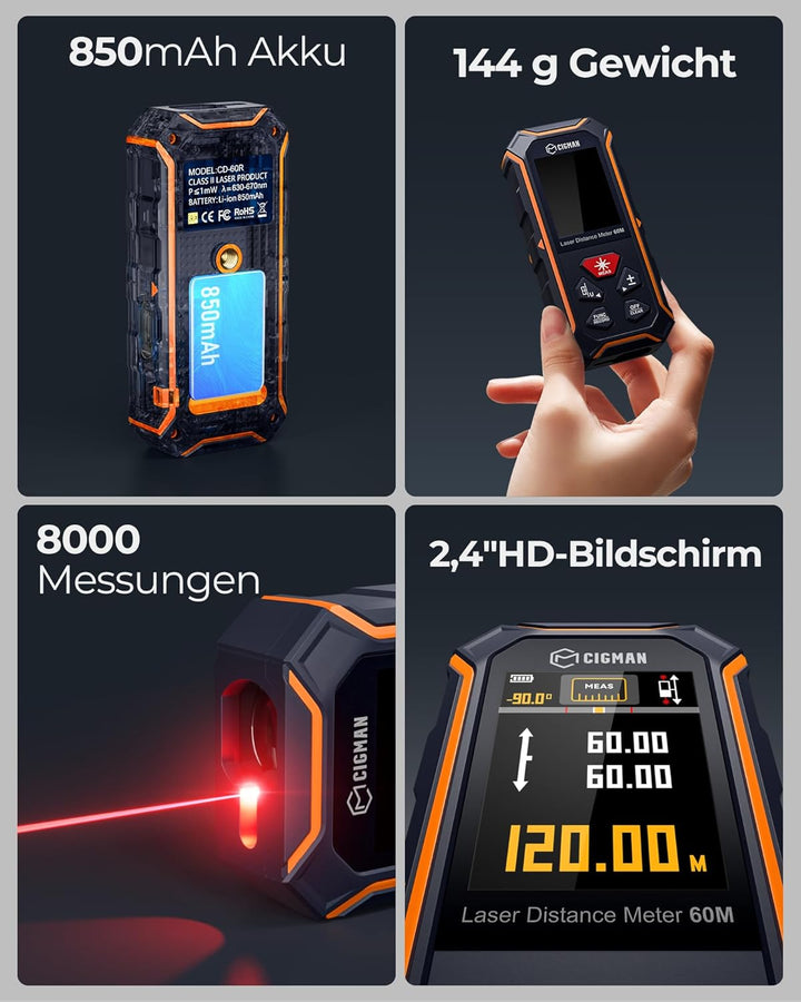 120M Laser Entfernungsmesser Bilateral,CIGMAN Digital Wasserwaage Distanzmessgerät & IPS Hintergrund