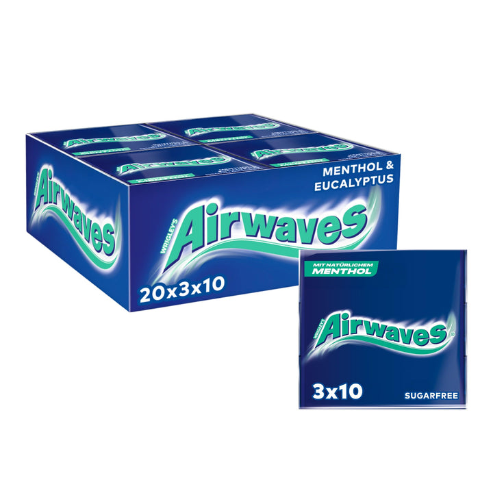 Airwaves Kaugummi, Menthol & Eucalyptus, Blau, zuckerfrei, 20 x 3 Packungen (20 x 3 x 10 Dragees), 6