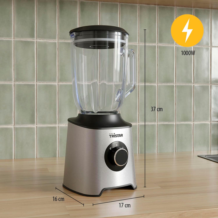 Tristar Standmixer, 1,5 L Glasbehälter, 1000 W Motor, Edelstahlgehäuse, 2 Geschwindigkeitsstufen, Le