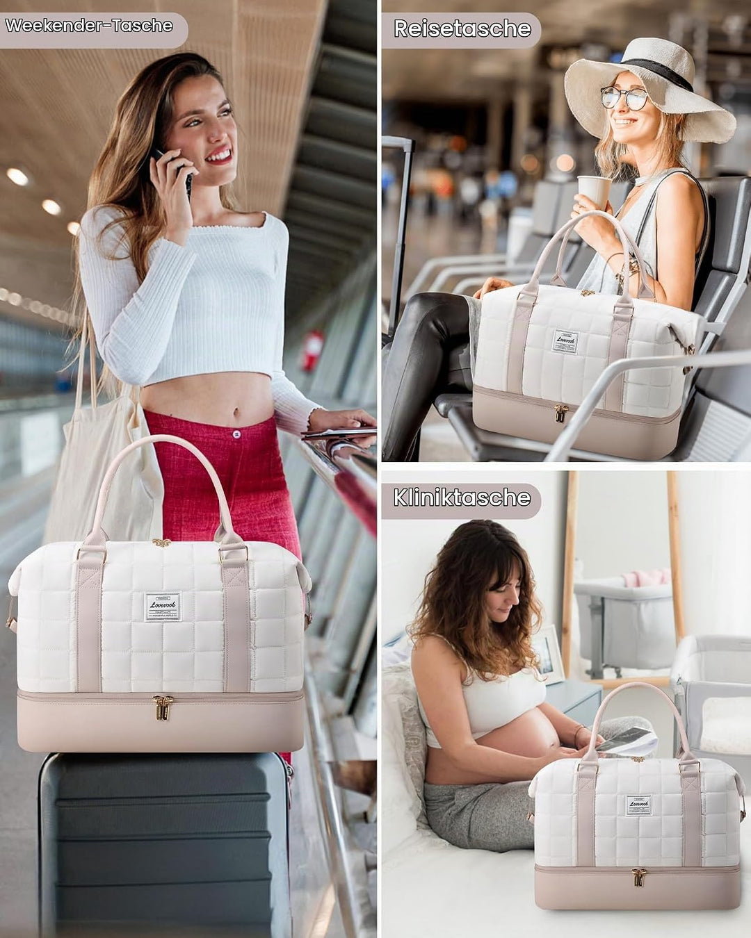 LOVEVOOK Reisetasche Damen, Leicht Puffer Weekender Handgepäck Tasche Kliniktasche Geburt Krankenhau