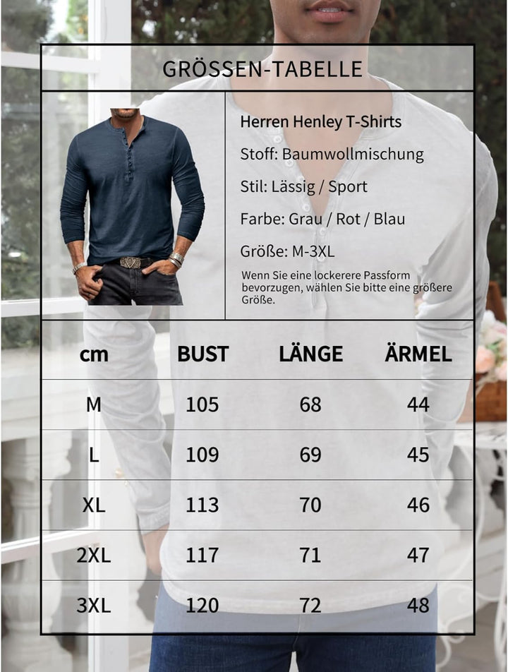 YawYews Henley Shirt Herren Langarm Langarmshirt Herren Longsleeve T Shirt Vintage Tshirt Baumwolle