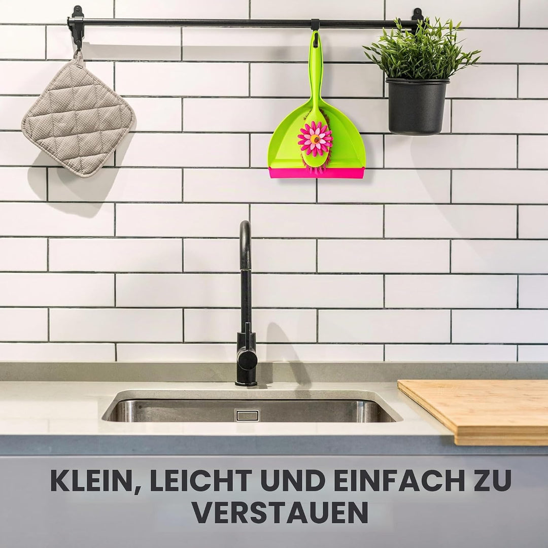 VIGAR Flower Power Kehrgarnitur mit Buntem Handfeger und Kehrblech, ABS, Polypropylen, rosa/grün, 35