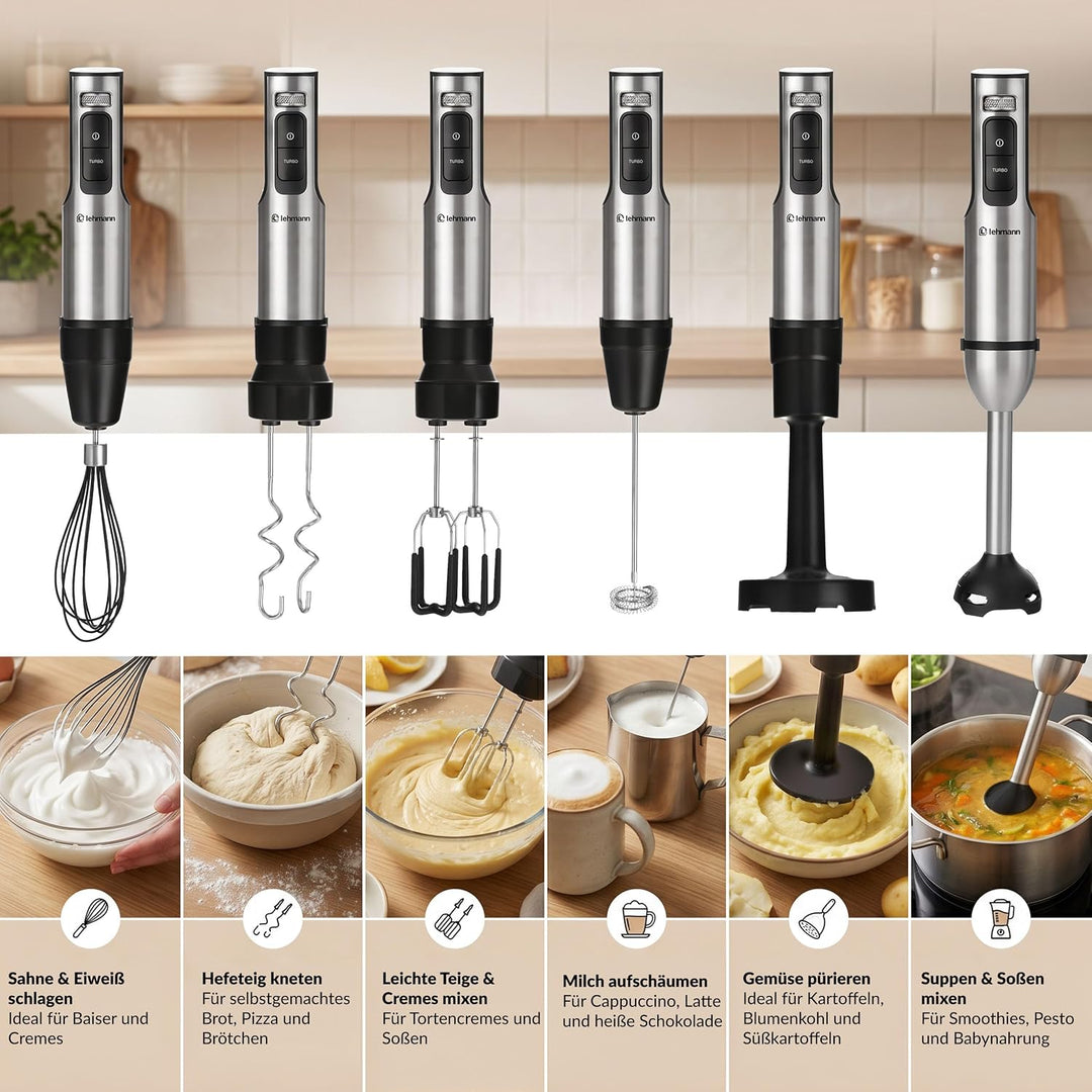 LEHMANN Stabmixer Set 2000 W, Multifunktions Pürierstab 10-in-1, 12 Stufen &amp; Turbo-Funktion, 12 Zube