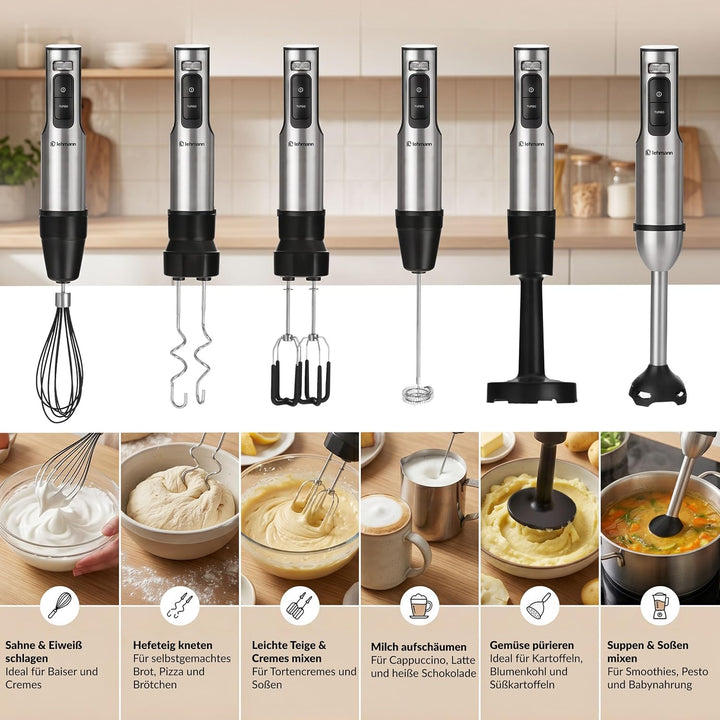 LEHMANN Stabmixer Set 2000 W, Multifunktions Pürierstab 10-in-1, 12 Stufen &amp; Turbo-Funktion, 12 Zube