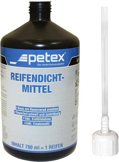 PETEX Reifendichtmittel Inhalt 700 ml inkl. Einfülldeckel, Ventilausdreher mit Flügel, Ersatzventil,