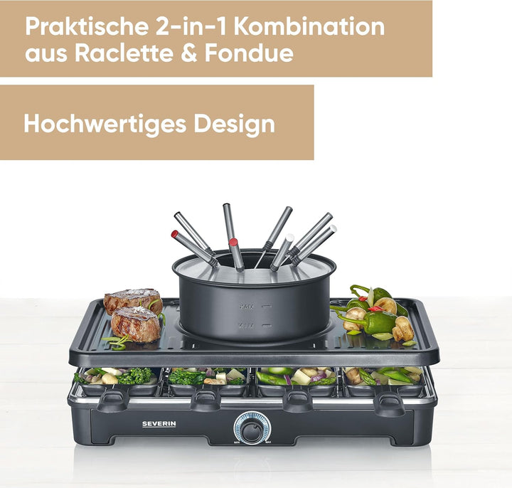 SEVERIN Raclette-Fondue-Kombination für 8 Personen, 2-in-1 Raclette Grill mit Grillplatte &amp; Fondue-S