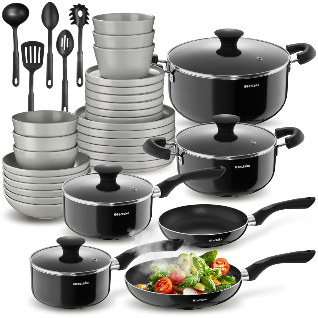 tectake® Küchenstarterset 6 Personen, Steingut Geschirr Set, Teller, 4 Töpfe 2 Pfannen rostfreies Al