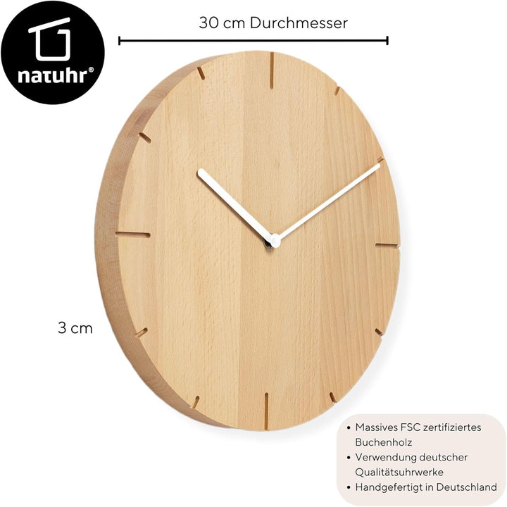 Natuhr Wanduhr Buche geölt Holz Solide Massivholz, geräuscharmes U.T.S. Uhrwerk, puristisch, modern,