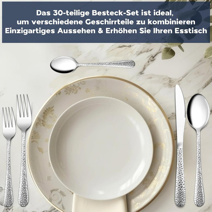 Homikit Besteck Set, 30-teilig Besteckset für 6 Personen, Edelstahl Gehämmertes Tafelbesteck, Essbes