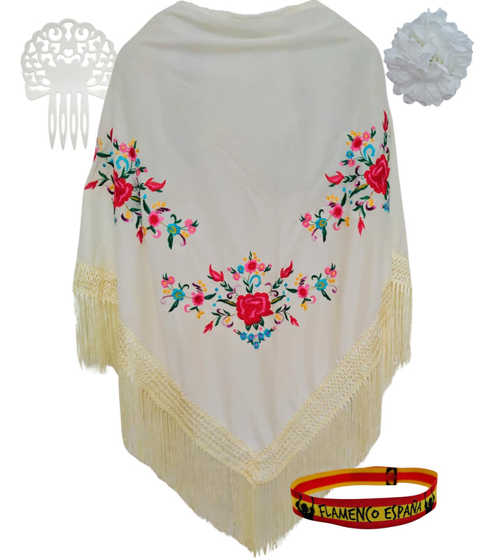 Flamingo-Set mit besticktem Schal, Kamm, Blume mit Klammer und Armband – Zubehör für Messen und Sevi