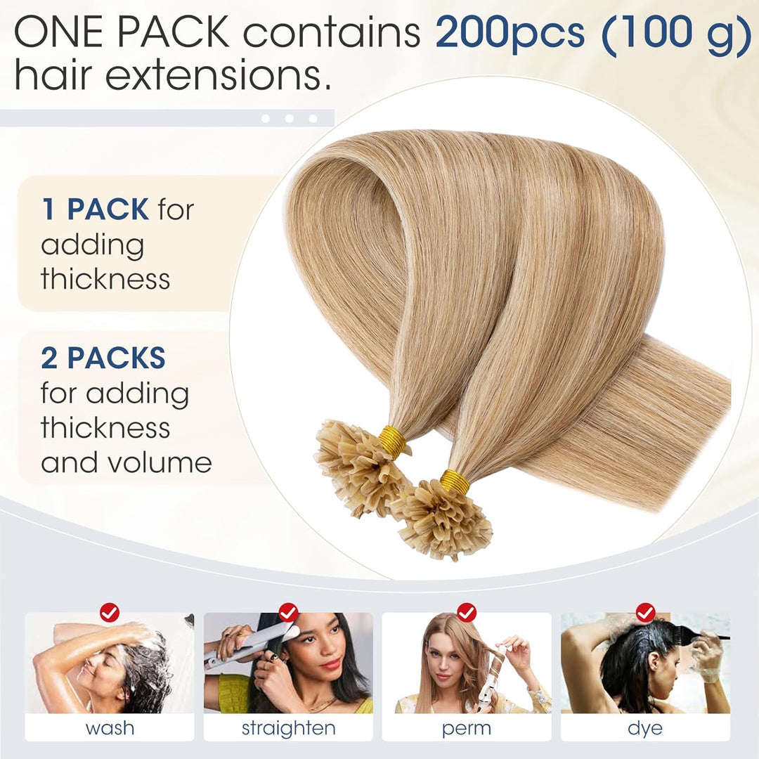 Elailite Extensions Bondings Echthaar 200 Strähne 60cm #12P613 Weissbraun/Hellblond, U Tip Hair Exte