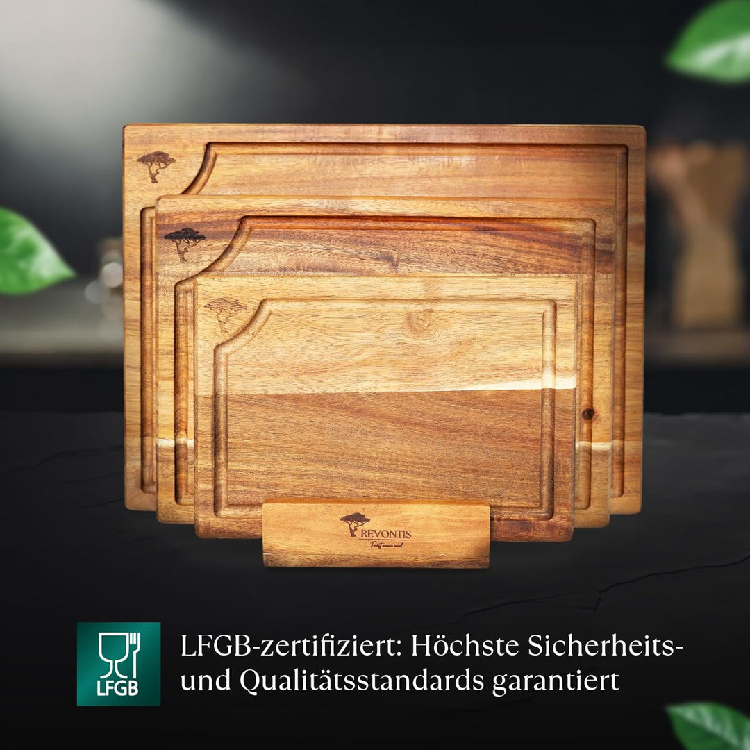 REVONTIS Schneidebrett Set aus Akazienholz – 3 Grössen (40×30, 33×24, 26×18 cm) mit Halter & Saftril